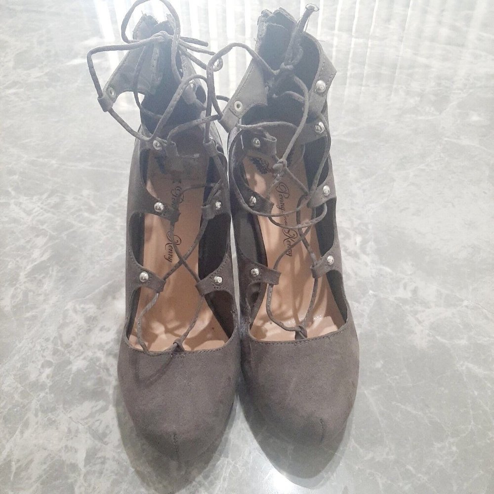Penny Loves Kenny Gray Platform Lace Up Adorable Stilettos w/ Zipper Size 8M